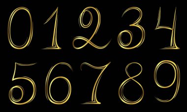 Rakamlar, siyah arkaplana 0-9 kaligrafi şeklinde altın olarak çizilmiş. Vektör tasarım şablon elementleri