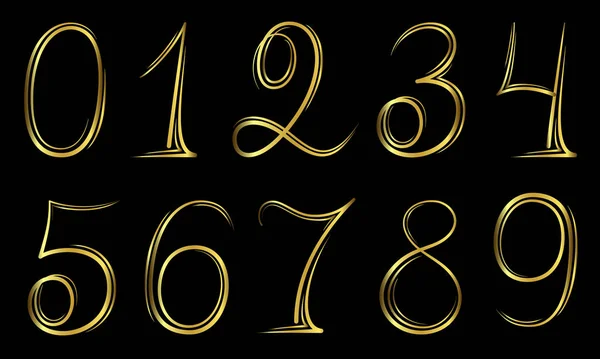 Numbers set 0-9 in hand drawn calligraphy style in gold on a black background. Vector design template elements — Stock Vector