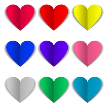 Kağıt altında taklit edilen kalpler kümesi. Beyaz arka planda izole edilmiş, katlanmış kalpler. Grafik tasarımınız için vektör illüstrasyonu