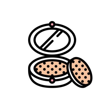 Yuvarlak kutuda vektör simgesi pudrası. Siyah çizgili sünger, pembe dolgu ve daire desenli.