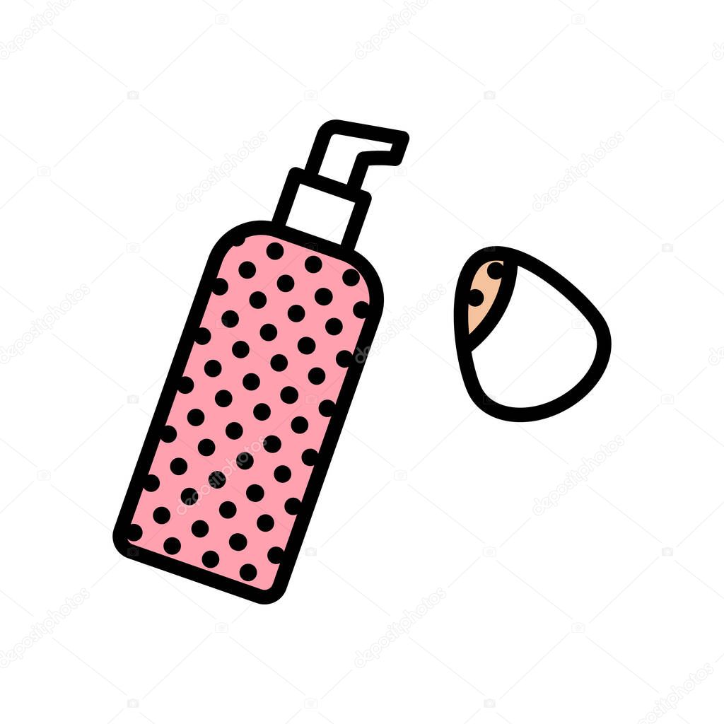 Vector icon tone cream bottle with pump and smeary egg sponge in flat style with black stroke, pink and white fill and circles texture for design. Mock-up container with dispenser