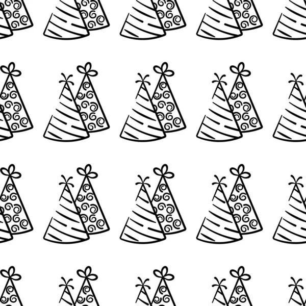 Two party hat vector seamless pattern on white background. Black and white holiday background hand-drawn. Design for wrapping, print. — ストックベクタ