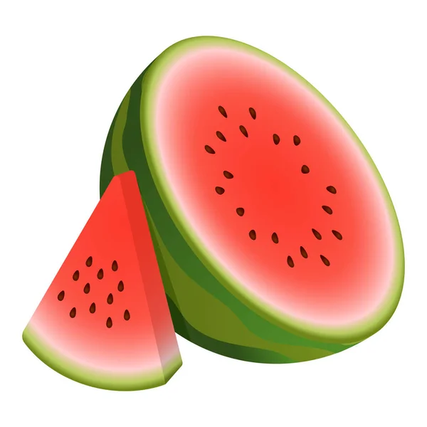 Vector two pieces watermelon. Composition half watermelon and triangular slice watermelon. Cute Vector illustration gradient fill isolated on white background, logo and icon. — Stockvektor