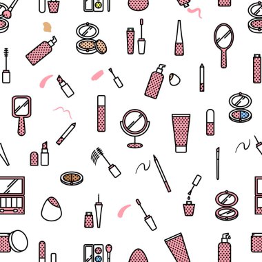 Vector seamless pattern of cosmetics elements with line icons on white background