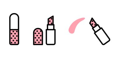 Vector set of makeup from closed, open and leaving lipstick. Vector lipstick icons in linear style with white and pink fill and black stroke isolated on white background