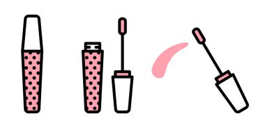 Vector set of makeup from closed, open and leaving lipgloss. Vector linear lipgloss brush icons in flat style with white and pink fill and black stroke isolated on white background