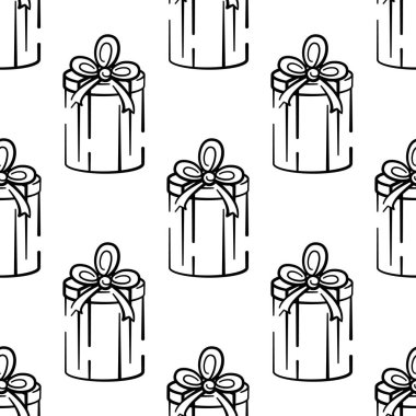 Gift box vector seamless pattern on white background. Black and white holiday background hand-drawn. Design for wrapping, print.