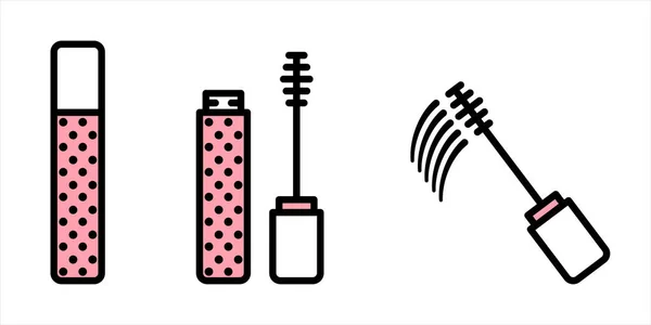 Conjunto vectorial de maquillaje de rímel cerrado, abierto y dejando. Iconos de cepillo de máscara vectorial en estilo lineal con relleno blanco y rosa y trazo negro aislado sobre fondo blanco — Vector de stock