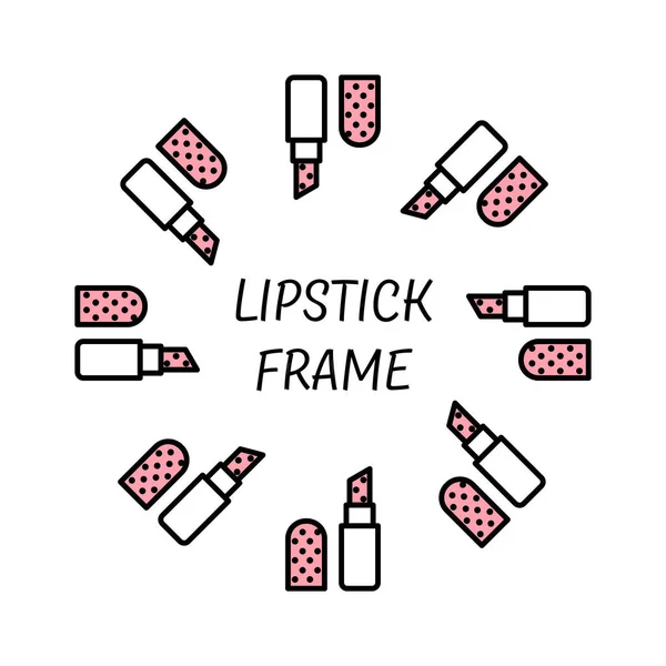 Vector round frame of lipstick icons in a flat linear style with white and pink fill and black stroke — Stok Vektör