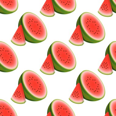 Vektör karpuz pürüzsüz desen. Beyaz arka planda yarım karpuz ve üçgen dilimli karpuz bileşimi. Renkli vektör illüstrasyon gradyan dolgusu