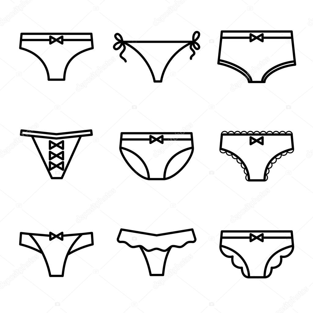 Set of vector linear icons of female panties isolated on white background. Outline illustration of woman underwear