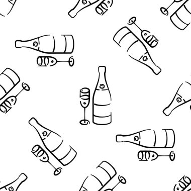 Şampanya şişeleri ve beyaz arka planda kusursuz vektör deseni. Siyah ve beyaz tatil arkaplanı elle çizilmiş. Tekstil, ambalaj, baskı için tasarım.