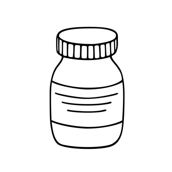Ikona wektorowa pojemnika medycznego z tabletkami lub syropem ręcznie rysowane z czarnym skoku izolowane na białym tle. — Wektor stockowy