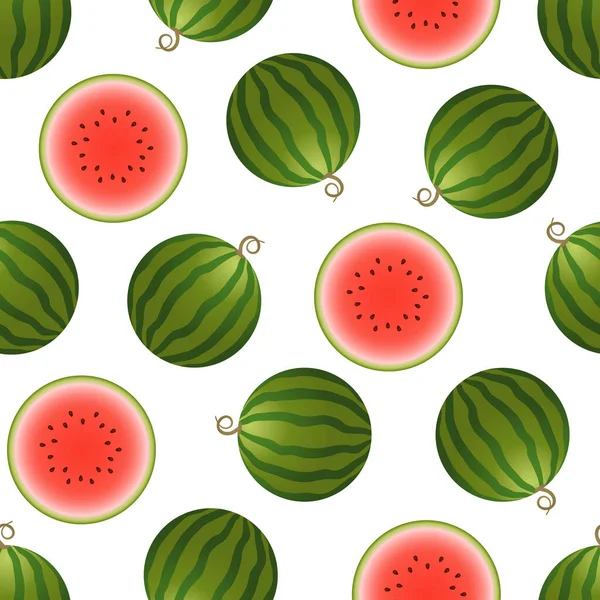 Vector Wassermelone nahtloses Muster. Ganze und halbe Wassermelone auf weißem Hintergrund. Bunte Vektorillustration Farbverlauf füllen in flachem Stil. — Stockvektor