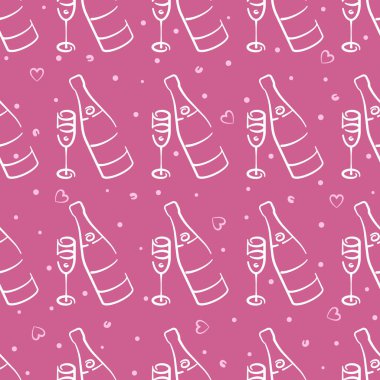Şampanya şişeleri ve pembe arka planda kusursuz vektör deseni. Pembe ve beyaz tatil arka planı elle çizilmiş. Paketleme ve yazdırma için tasarım.
