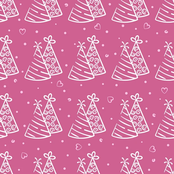ピンクの背景に2つのパーティーの帽子ベクトルシームレスパターン ピンクと白の休日の背景の手描き 印刷のためのデザイン — ストックベクタ
