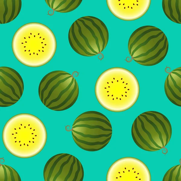 Vector Wassermelone Nahtloses Muster Ganze Und Halbe Wassermelone Auf Türkisfarbenem — Stockvektor