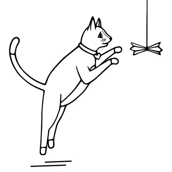 Ручная Векторная Иллюстрация Симпатичная Дурацкая Кошка Прыгающая Игрушечной Черной Линией — стоковый вектор