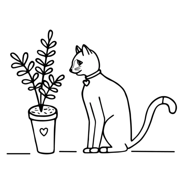 Hand Drawn Vector Illustration Cute Doodle Cat Sits Sniffs Flower — Stock Vector