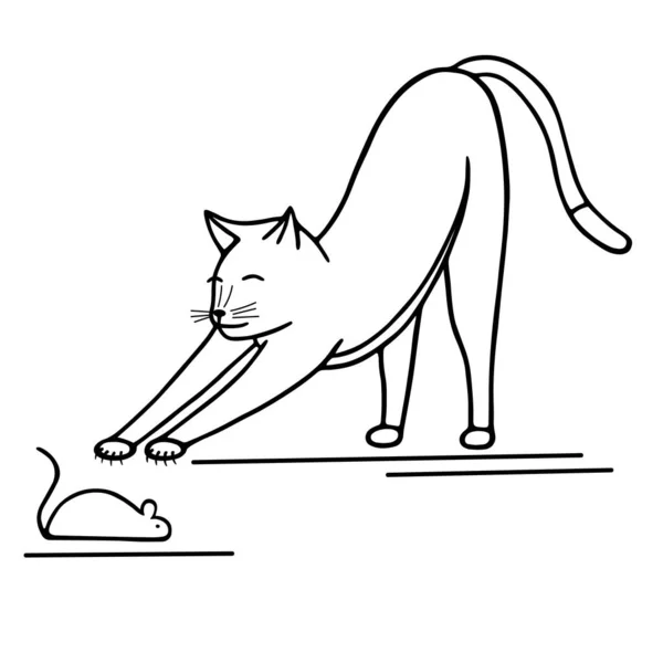 Ручная Векторная Иллюстрация Симпатичные Каракули Кошка Тянется Черной Линии Мыши — стоковый вектор