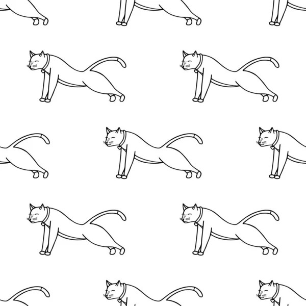 Cute doodle cat vector seamless pattern on white background. Black and white hand-drawn print. Design for textile, wrapping — Stock Vector