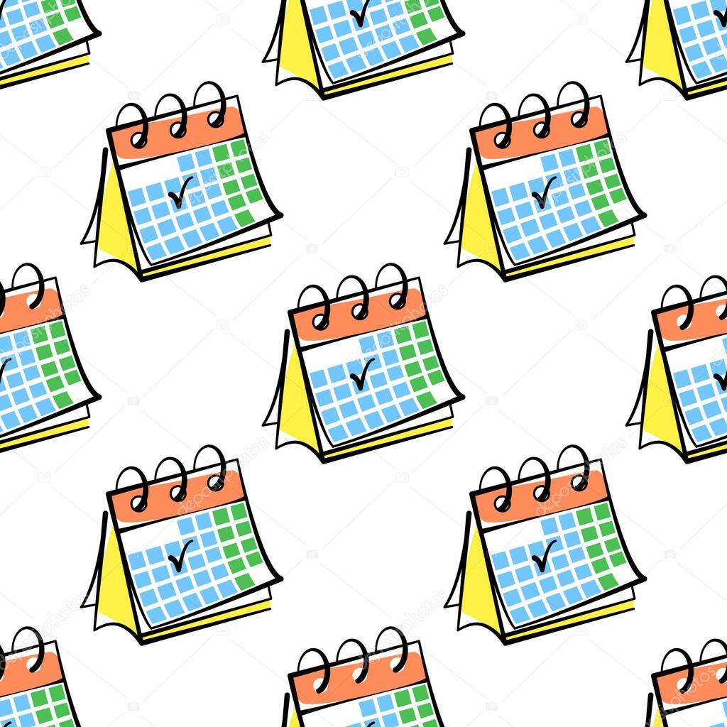 Desktop calendar vector seamless pattern on white background. Color background hand-drawn. Design for textile, wrapping, print