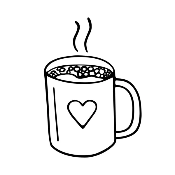 Grande tazza di caffè o cacao disegnato a mano. Illustrazione vettoriale in stile doodle contorno nero su sfondo bianco — Vettoriale Stock