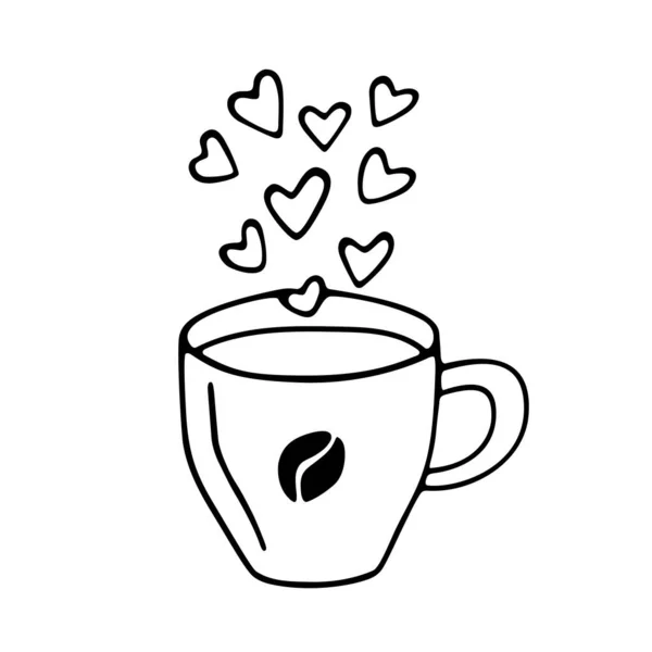 Большая кружка кофе или какао ручной работы. Векторная иллюстрация черного контура в стиле каракулей на белом фоне — стоковый вектор