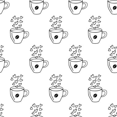 Büyük bardak kahve ya da el yapımı kakao. Beyaz arkaplanda vektörsüz karalama deseni. Tekstil, ambalaj, baskı için tasarım