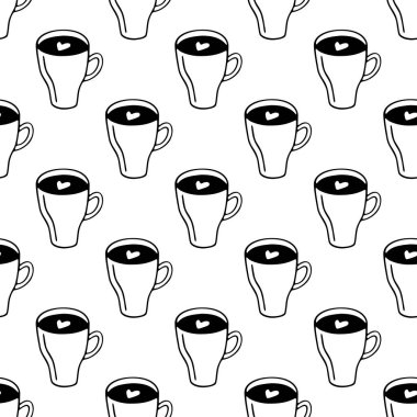 Büyük bardak kahve ya da el yapımı kakao. Beyaz arkaplanda vektörsüz karalama deseni. Tekstil, ambalaj, baskı için tasarım.