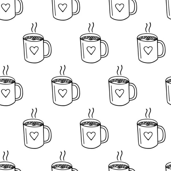 Large mug of coffee or cocoa hand-drawn. Vector seamless doodle pattern on white background. Design for textile, wrapping, print. — Stock Vector
