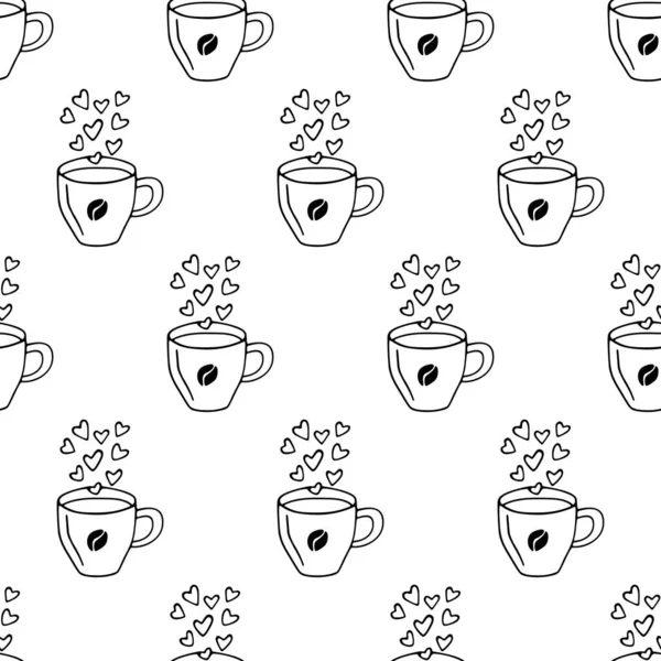 Large mug of coffee or cocoa hand-drawn. Vector seamless doodle pattern on white background. Design for textile, wrapping, print — Stock Vector