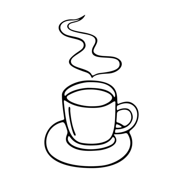 Taza grande de café o cacao en un platillo dibujado a mano. Ilustración vectorial en estilo doodle contorno negro sobre fondo blanco — Vector de stock