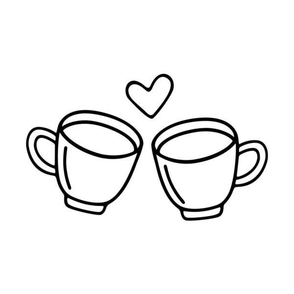 Dos taza grande de café o cacao dibujado a mano para los amantes. Ilustración vectorial en estilo doodle contorno negro sobre fondo blanco — Vector de stock