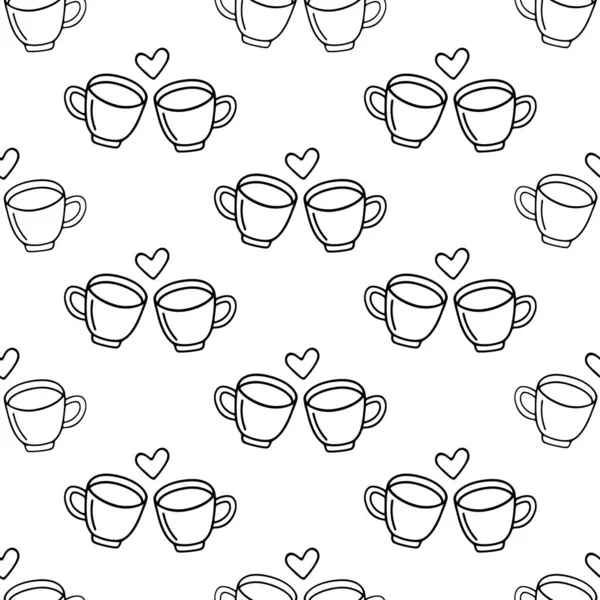 Zwei große Tassen Kaffee oder Kakao, handgezeichnet für Verliebte. Vektornahtloses Doodle-Muster auf weißem Hintergrund. Design für Textilien, Verpackung, Druck — Stockvektor