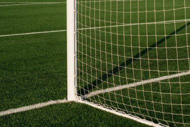 Yapay yeşil çimenler ve beyaz sınır çizgileri. Futbol sahası için suni saha. Bir stadyumdaki futbol sahasında. Futbol kalesi. Seçici odak