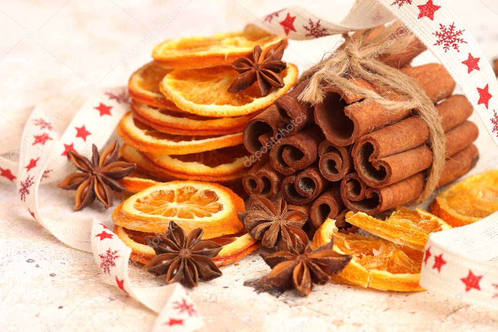 Dried oranges with anise and cinnamon sticks