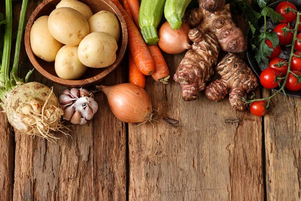 Bahan Makanan Sehat Background Organic Sayuran Atas Meja Kayu — Stok Foto