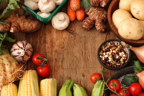 Fondo Ingredientes Alimentarios Saludables Verduras Ecológicas Sobre Mesa Madera —  Fotos de Stock