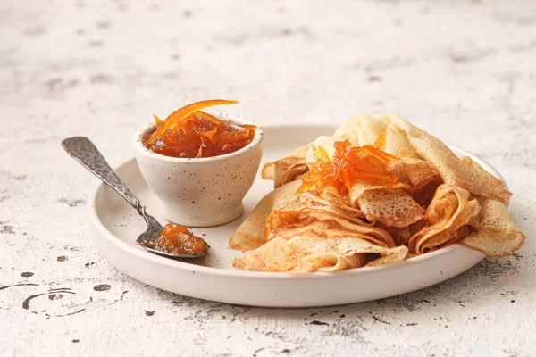 Traditional Ukrainian or Russian pancakes with orange jam — Stock Image Traditional Ukrainian Russian Pancakes Orange Jam Stock Image