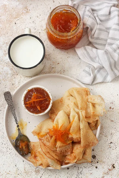 Traditional Ukrainian or Russian pancakes with orange jam — Stock Image Traditional Ukrainian Russian Pancakes Orange Jam Stock Image