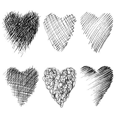 Bir dizi el çizilmiş kalp.