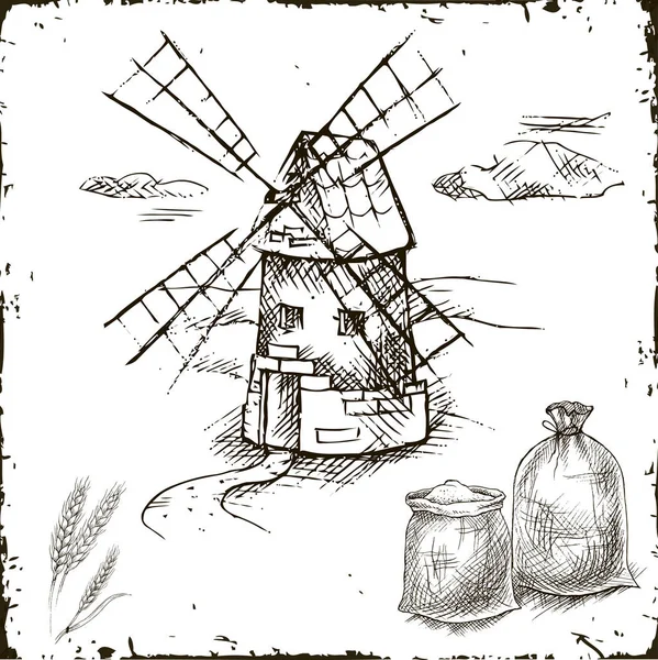Ручная мельница, мешки с мукой — стоковый вектор