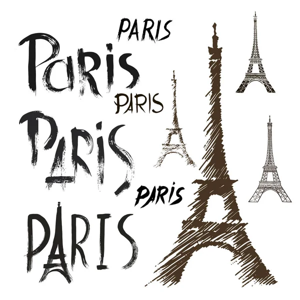 Word Paris, set disegnato a mano Torre Eiffel — Vettoriale Stock