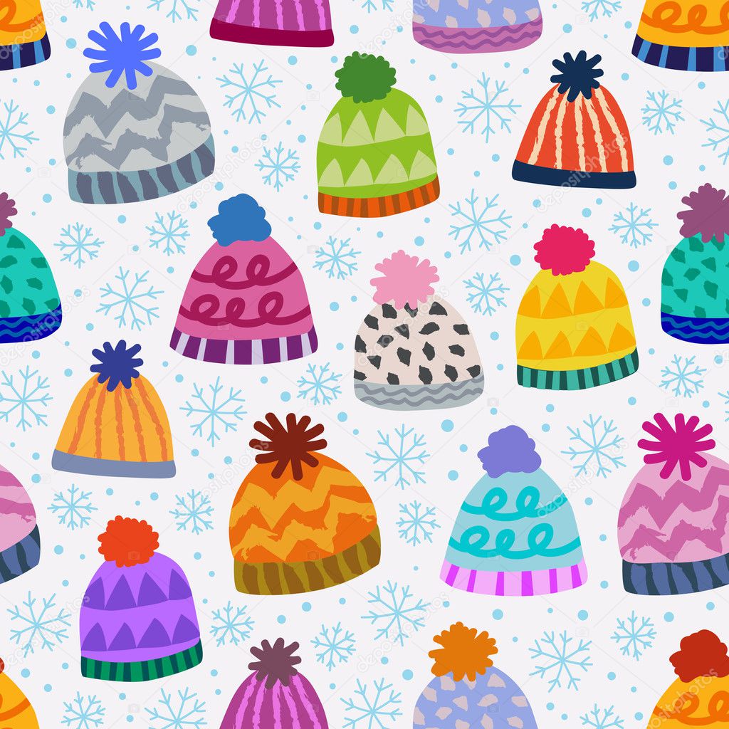 seamless winter pattern with caps and snowflakes