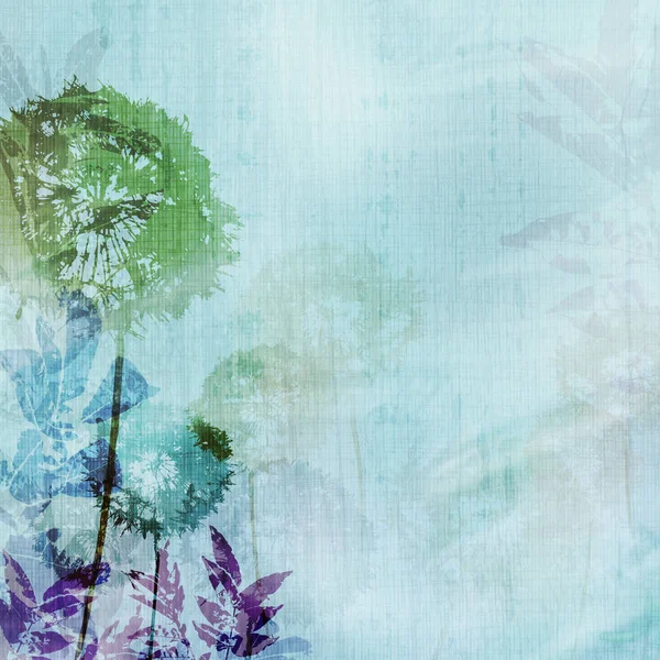 grunge background with dandelions and leaves
