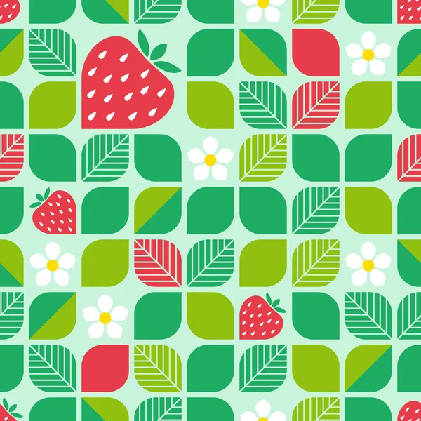 Nahtloses geometrisches Muster mit Blättern, Erdbeeren und Blüten — Stockvektor