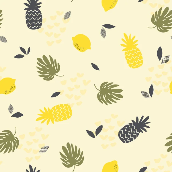 Naadloze patroon met ananas, citroenen en monstera bladeren — Stockvector