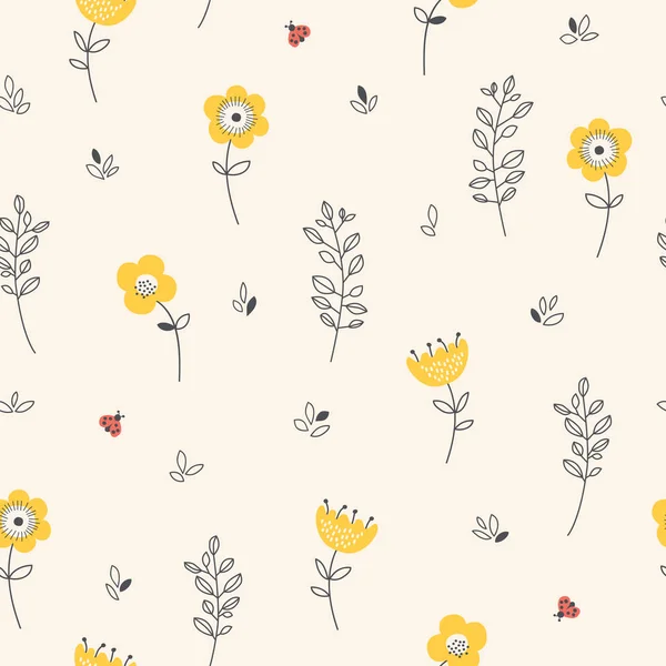Nahtloses Muster mit Blüten, Blättern und Marienkäfern — Stockvektor