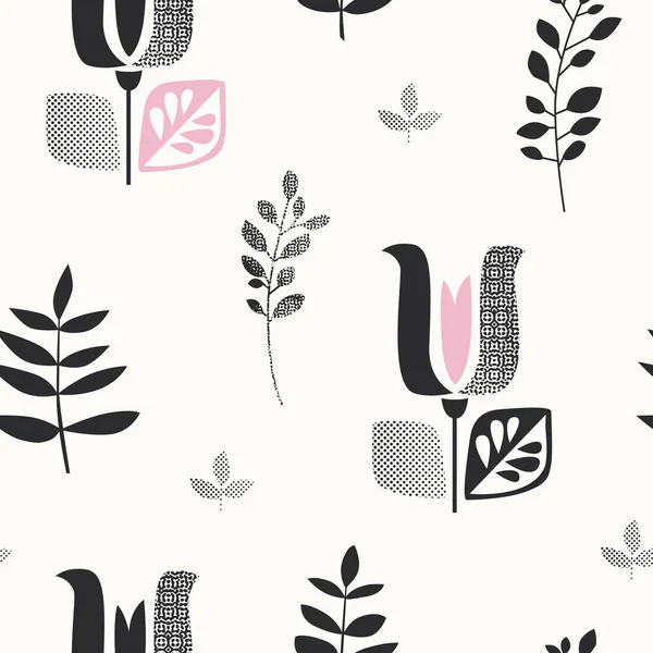 Motif sans couture avec des fleurs et des feuilles abstraites — Image vectorielle